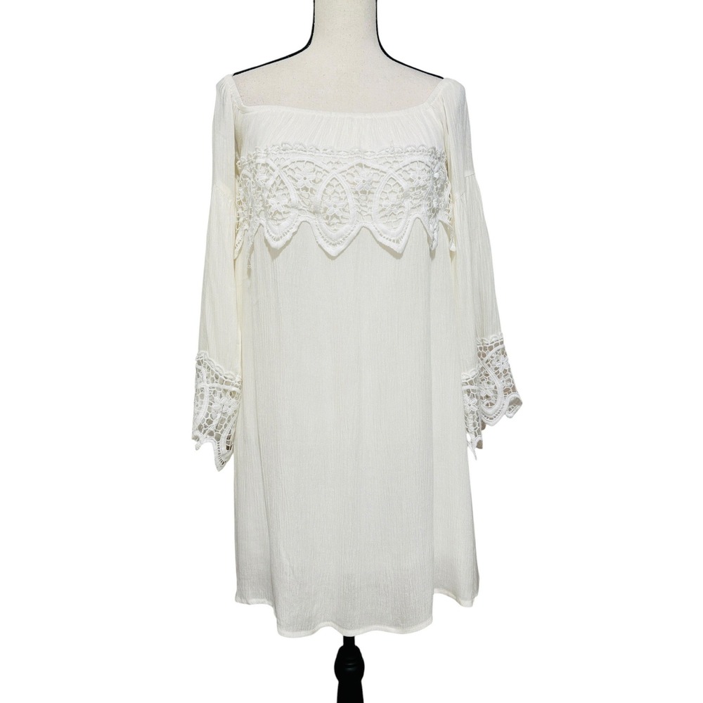 Southern Fried Chics Ivory Lace Off Shoulder Mini Dress Small Bell Sleeve Boho